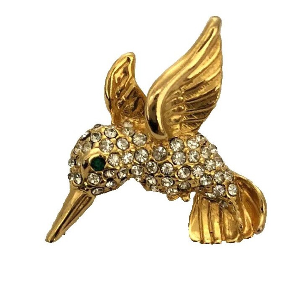 Hummingbird Costume Pin Brooch Rhinestone Gold Tone Metal 1 1/8" w/ Green Eyes